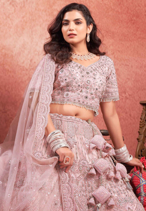 Embroidered Net Lehenga in Light Pink