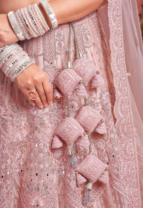 Embroidered Net Lehenga in Light Pink