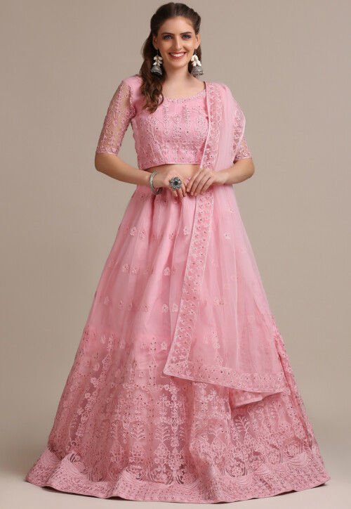 Embroidered Net Lehenga in Light Pink