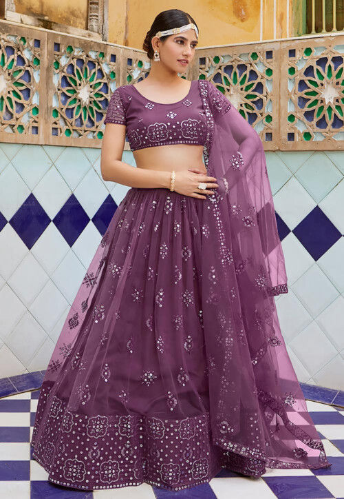Embroidered Net Lehenga in Light Purple