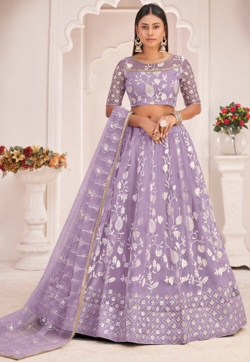 Purple Small Motif Lehenga With Full Sleeves Embroidered Blouse Salmon Pink  Dupatta