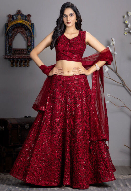 Embroidered Net Lehenga in Maroon