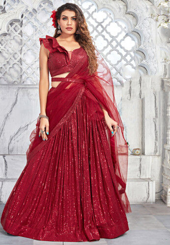 Embroidered Net Lehenga in Maroon