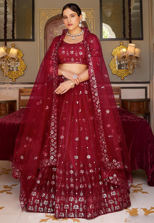 Embroidered Net Lehenga in Maroon