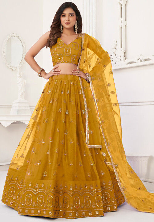 Embroidered Net Lehenga in Mustard