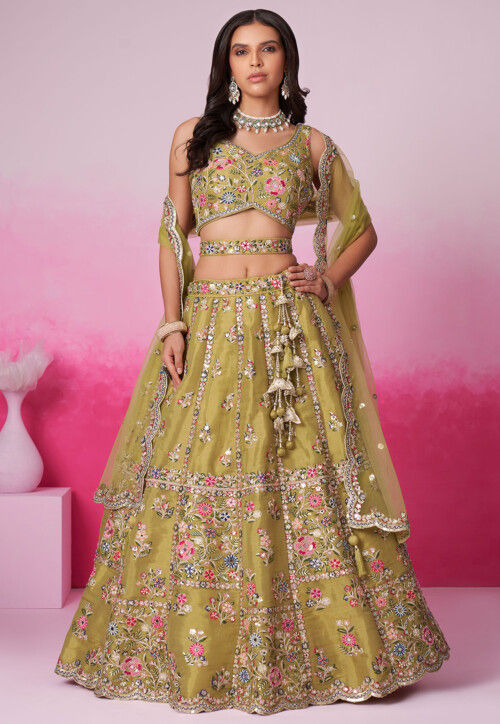 Embroidered Net Lehenga in Mustard