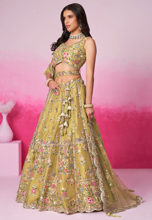 Embroidered Net Lehenga in Mustard