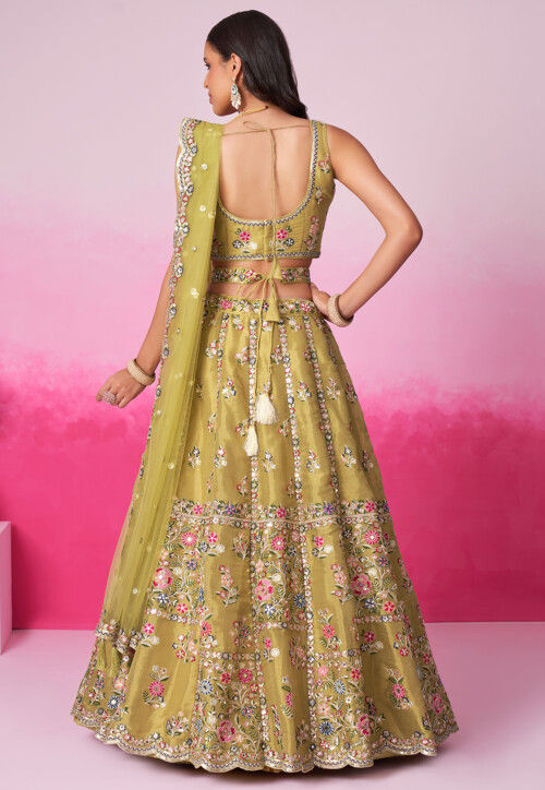 Embroidered Net Lehenga in Mustard