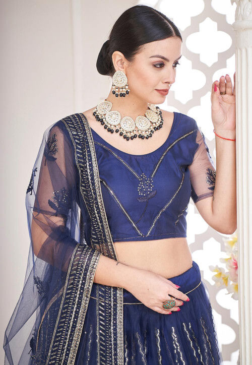 Embroidered Net Lehenga in Navy Blue