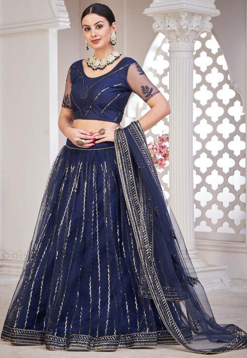 Embroidered Net Lehenga in Navy Blue
