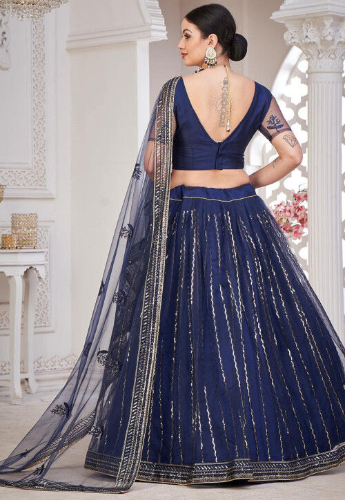 Embroidered Net Lehenga in Navy Blue