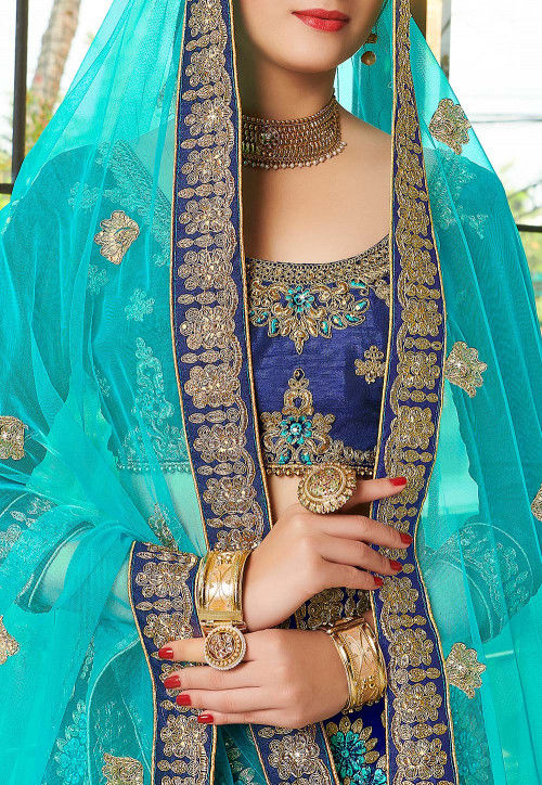 Embroidered Net Lehenga in Navy Blue