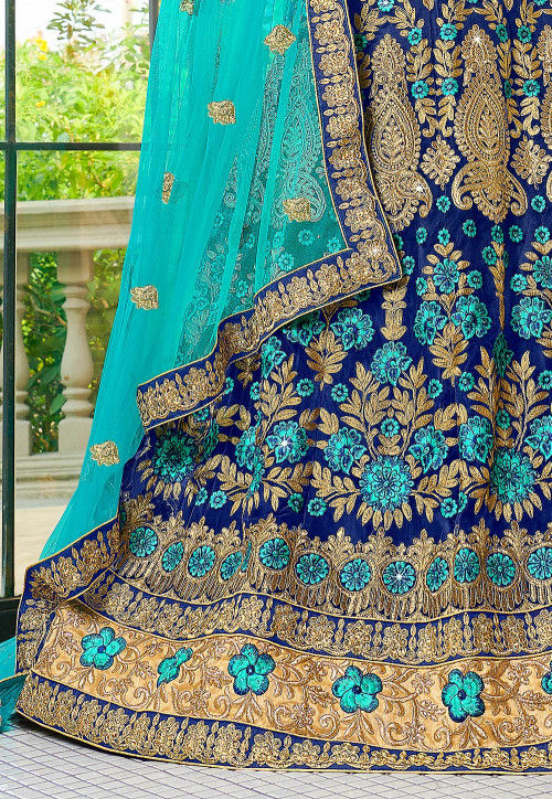 Embroidered Net Lehenga in Navy Blue