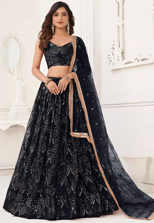 Embroidered Net Lehenga in Black