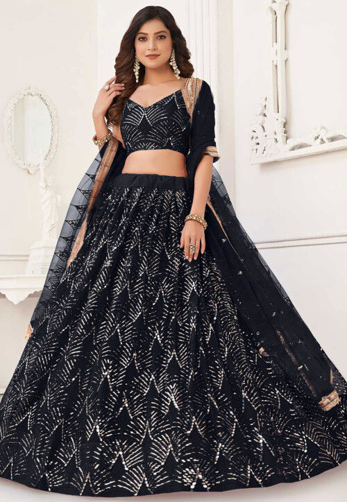 Embroidered Net Lehenga in Black