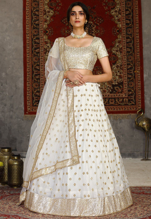 Embroidered Net Lehenga in Off White