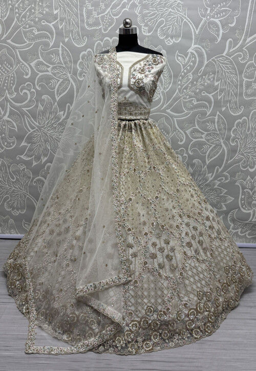 Hand Embroidered Net Lehenga in Off White