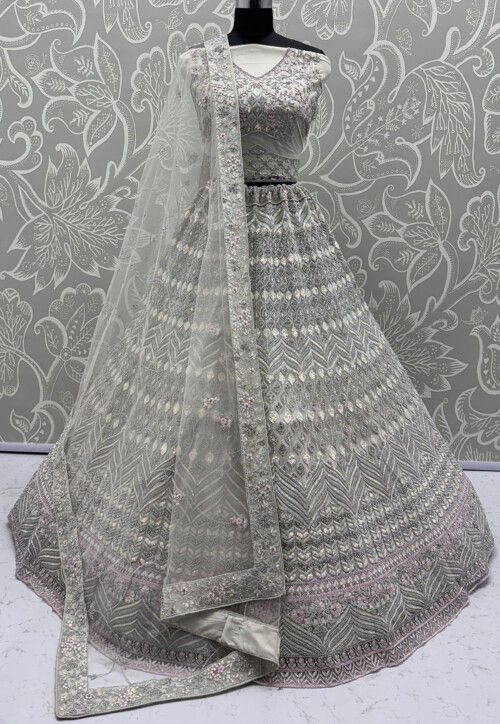 Embroidered Net Lehenga in Off White