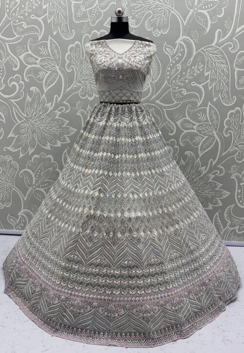 Embroidered Net Lehenga in Off White