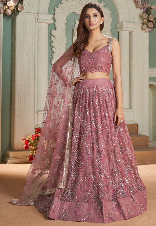 Embroidered Net Lehenga in Old Rose
