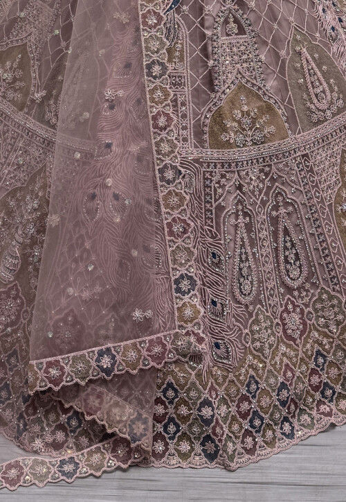 Embroidered Net Lehenga in Old Rose