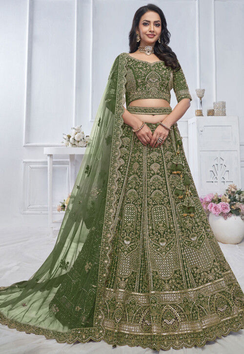 Embroidered Net Lehenga in Olive Green
