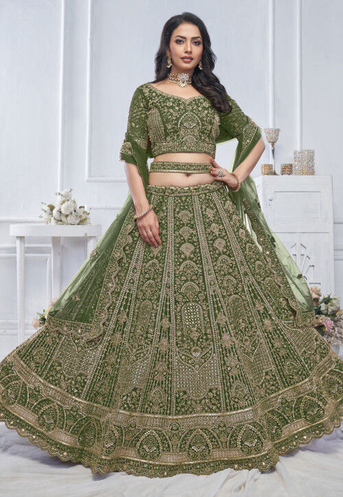 Embroidered Net Lehenga in Olive Green
