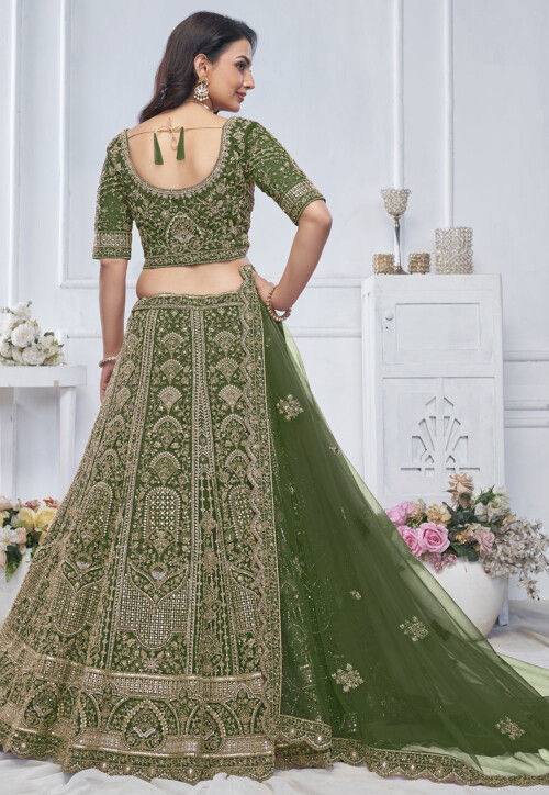 Embroidered Net Lehenga in Olive Green