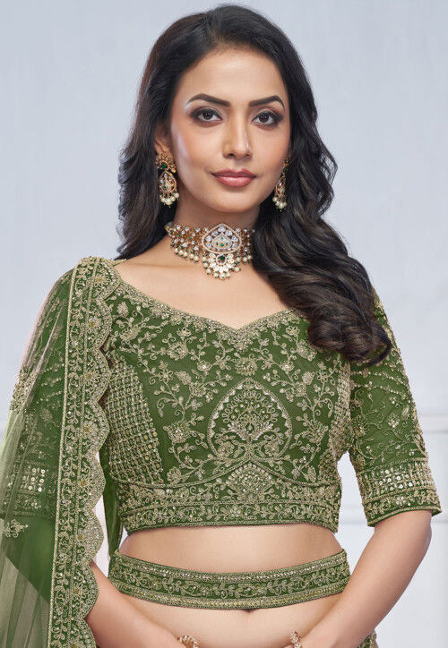 Embroidered Net Lehenga in Olive Green