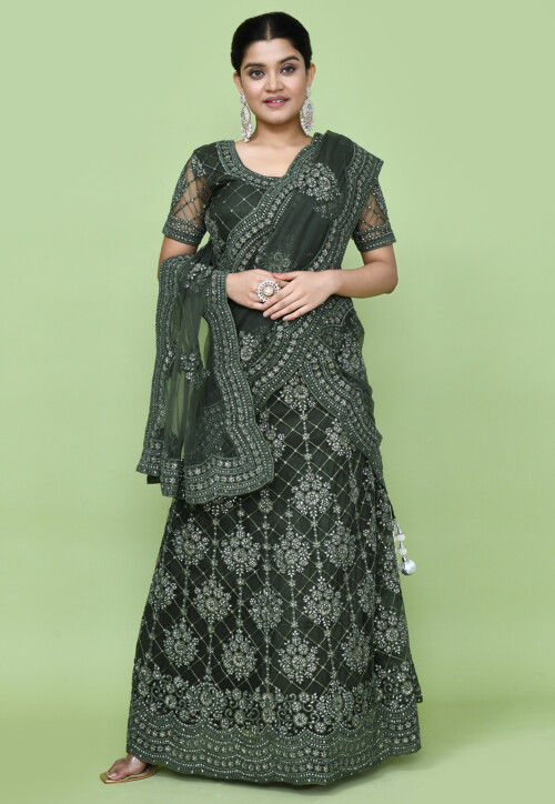 Embroidered Net Lehenga in Olive Green