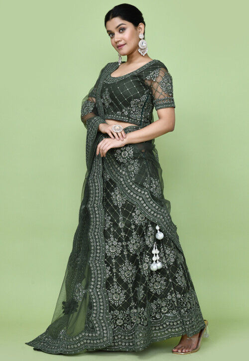 Embroidered Net Lehenga in Olive Green