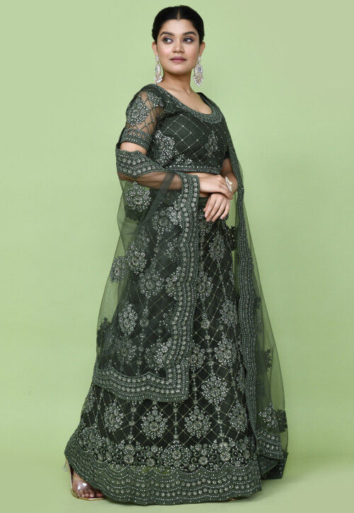 Embroidered Net Lehenga in Olive Green