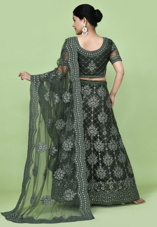 Embroidered Net Lehenga in Olive Green