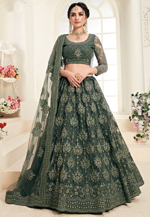 Embroidered Net Lehenga in Olive Green
