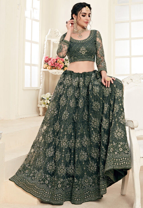 Embroidered Net Lehenga in Olive Green