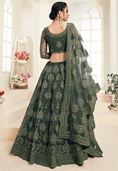 Embroidered Net Lehenga in Olive Green