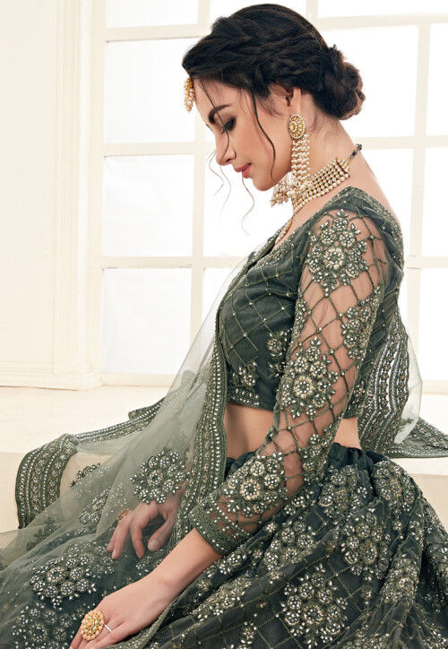 Embroidered Net Lehenga in Olive Green