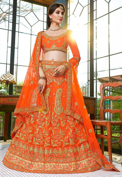 Traditional Pink & Orange Banarasi Silk Embroidered Bridal Lehenga Cho –  Empress Clothing