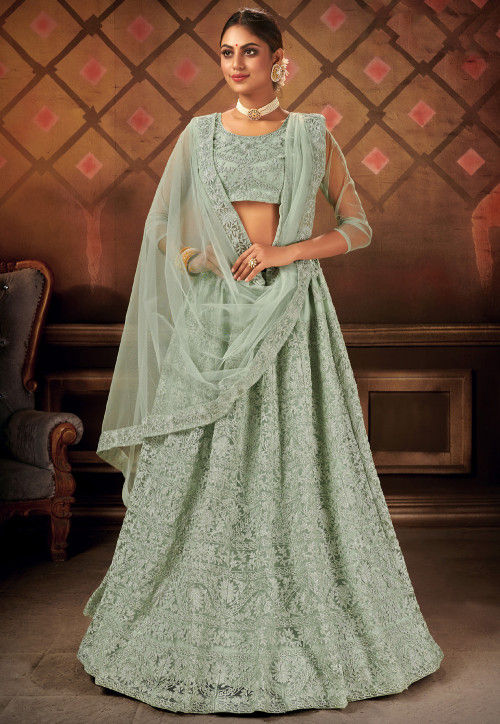 Jacquard Bridal Wear Embroidered Art Silk Lehenga in Light Green at Rs  11580 in Surat