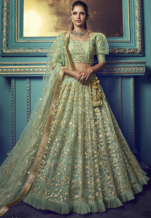 Buy Embroidered Net Lehenga in Pastel Green Online LYC1376 Utsav Fashion