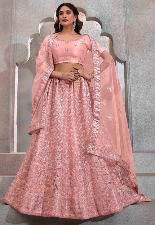 Embroidered Net Lehenga in Peach