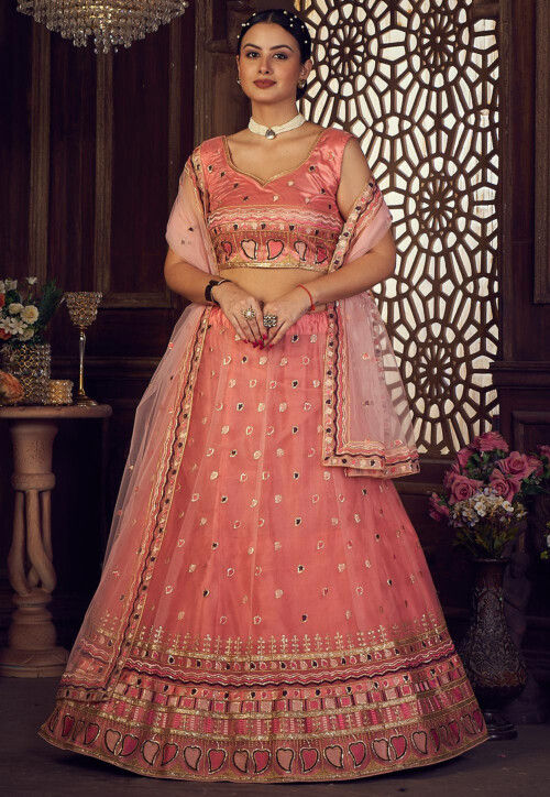 Buy Peach Net Embroidered Mirror Leaf Neck Bridal Lehenga Set For Women by  Seema Gujral Online at Aza Fashions.