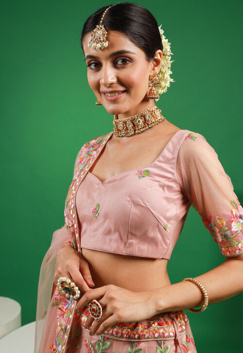 Embroidered Net Lehenga in Peach