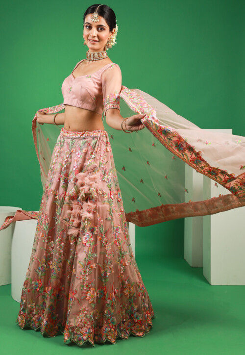 Embroidered Net Lehenga in Peach