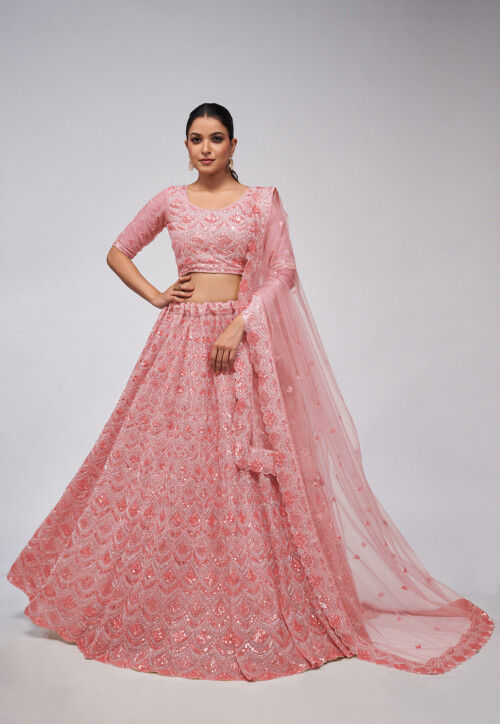 Embroidered Net Lehenga in Peach