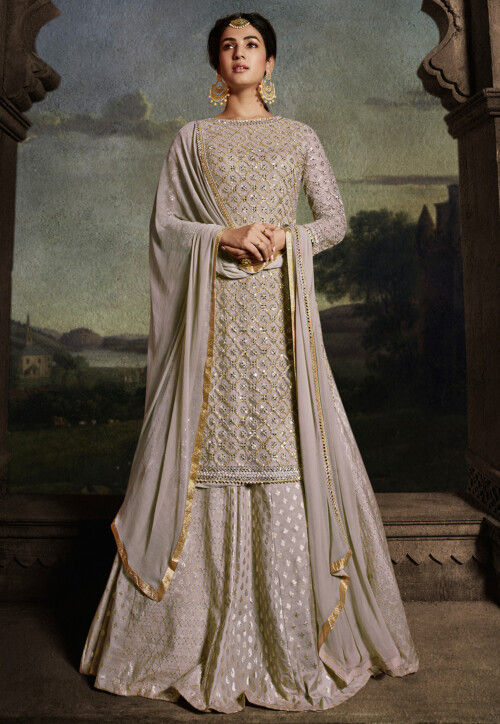 Embroidered Net Lehenga in Grey