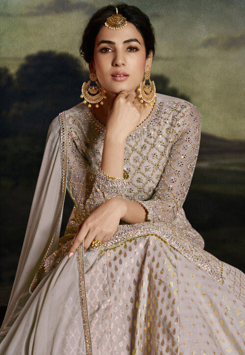 Embroidered Net Lehenga in Grey