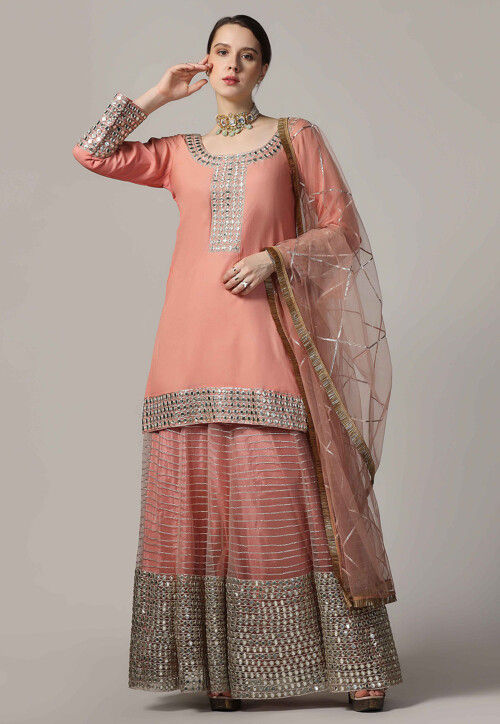 Embroidered Net Lehenga in Peach