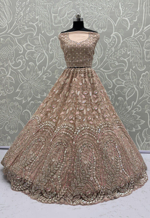 Embroidered Net Lehenga in Peach