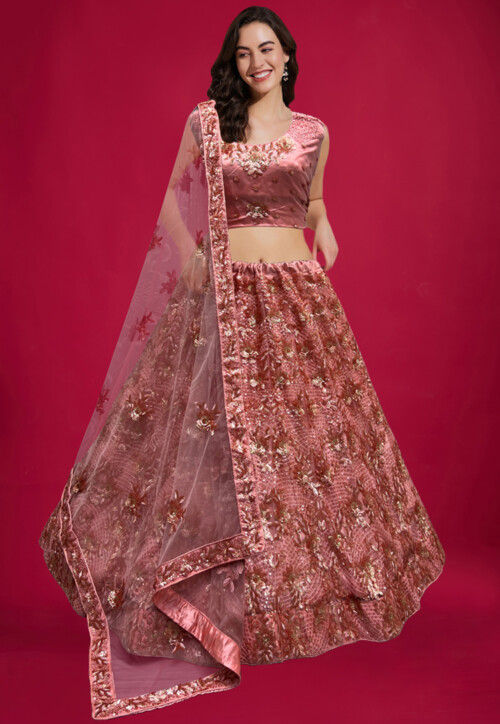 Embroidered Net Lehenga in Peach